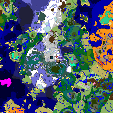 Predicted biome map of Java 1.21.4 seed -8458283731124130965 around estimated spawn