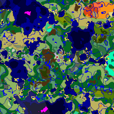 Predicted biome map of Java 1.21.4 seed -3077138706508089075 around estimated spawn