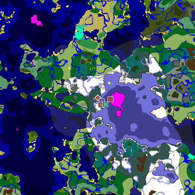 Predicted biome map of Java 1.21.4 seed -307831134358994332 around estimated spawn
