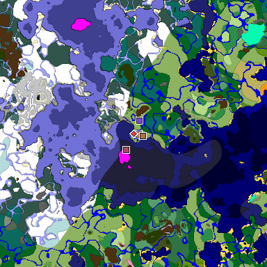 Predicted biome map of Java 1.21.4 seed -7388621692186372000 around estimated spawn