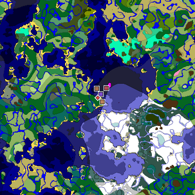 Predicted biome map of Java 1.21.4 seed -1589587752731518521 around estimated spawn