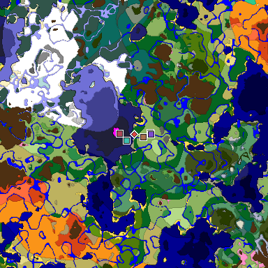 Predicted biome map of Java 1.21.4 seed 5270305096344751389 around estimated spawn