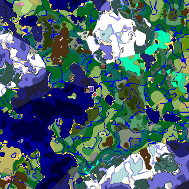Predicted biome map of Java 1.21.4 seed 3818632409424751855 around estimated spawn