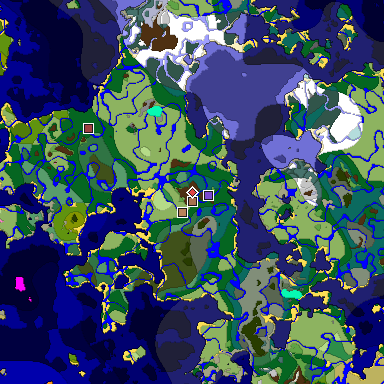 Predicted biome map of Java 1.21.4 seed 6902709702183596573 around estimated spawn