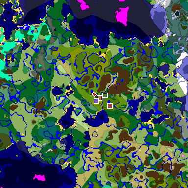 Predicted biome map of Java 1.21.4 seed 1351662708191965780 around estimated spawn