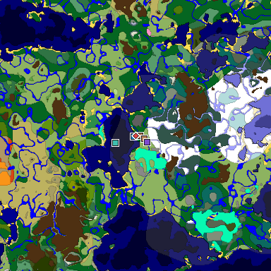 Predicted biome map of Java 1.21.4 seed 5884920216225662175 around estimated spawn