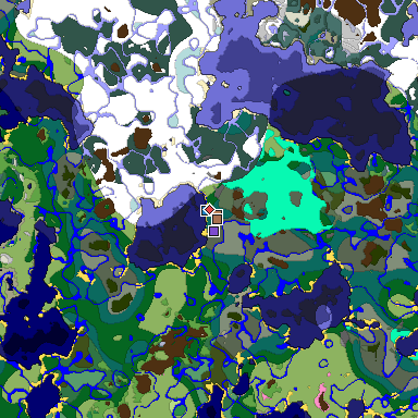 Predicted biome map of Java 1.21.4 seed 923921831401745386 around estimated spawn