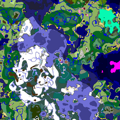Predicted biome map of Java 1.21.4 seed -7333322166699618134 around estimated spawn