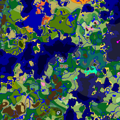 Predicted biome map of Java 1.21.4 seed -5475994454817661307 around estimated spawn
