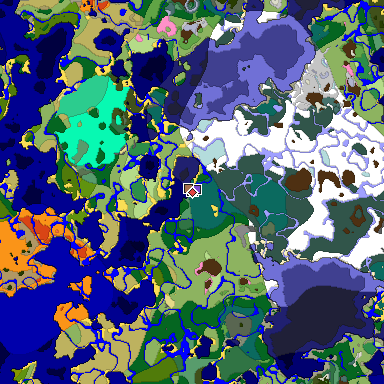 Predicted biome map of Java 1.21.4 seed -5711082308883549719 around estimated spawn