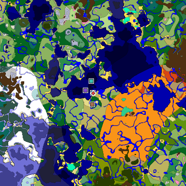 Predicted biome map of Java 1.21.4 seed -2784131542508613029 around estimated spawn