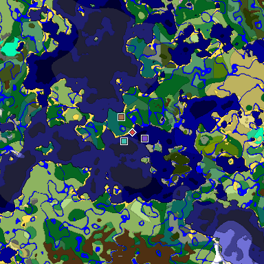 Predicted biome map of Java 1.21.4 seed -5750474723224756297 around estimated spawn