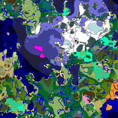 Predicted biome map of Java 1.21.4 seed -3647165304235611618 around estimated spawn