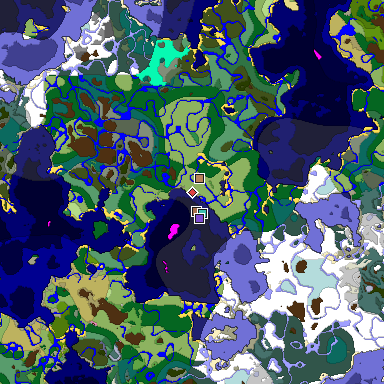 Predicted biome map of Java 1.21.4 seed 7496481241305841277 around estimated spawn