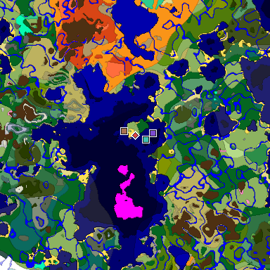 Predicted biome map of Java 1.21.4 seed -3368044392861031257 around estimated spawn