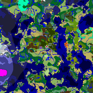 Predicted biome map of Java 1.21.4 seed 8287062285663509818 around estimated spawn