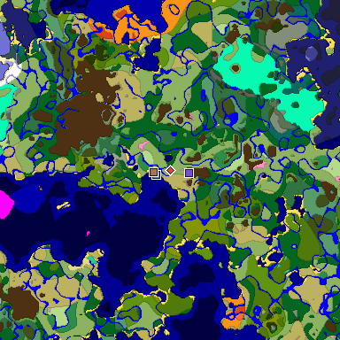 Predicted biome map of Java 1.21.4 seed -2943294468638530222 around estimated spawn