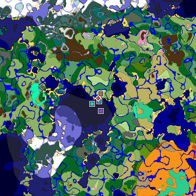 Predicted biome map of Java 1.21.4 seed -3089222969678391950 around estimated spawn