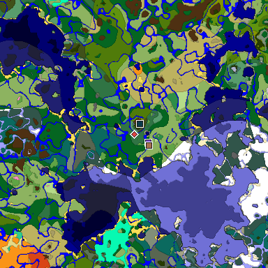 Predicted biome map of Java 1.21.4 seed 5459175633755432653 around estimated spawn