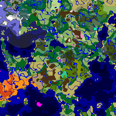 Predicted biome map of Java 1.21.4 seed -2602222819332726833 around estimated spawn
