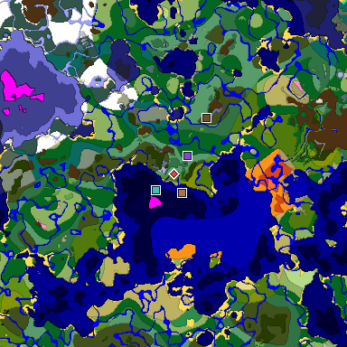 Predicted biome map of Java 1.21.4 seed -2204432460829619298 around estimated spawn