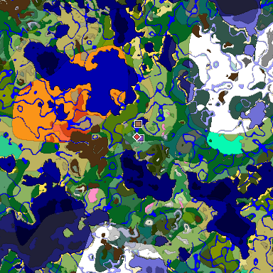 Predicted biome map of Java 1.21.4 seed -5714556209944140427 around estimated spawn