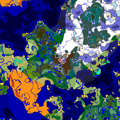 Predicted biome map of Java 1.21.4 seed -6616946211341657779 around estimated spawn