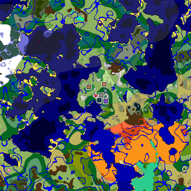 Predicted biome map of Java 1.21.4 seed -5874813297855429380 around estimated spawn
