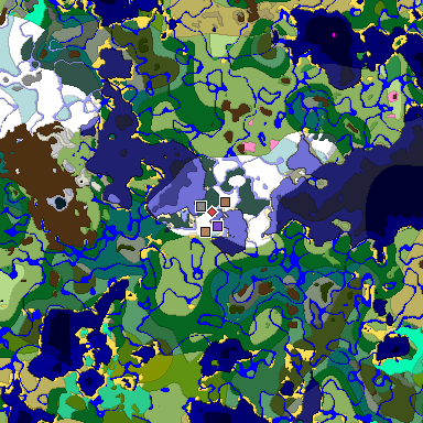 Predicted biome map of Java 1.21.4 seed -5036269306291351069 around estimated spawn