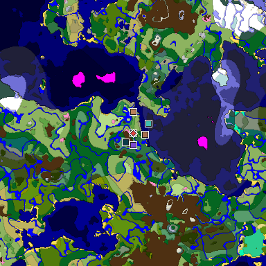 Predicted biome map of Java 1.21.4 seed 2989460346197332282 around estimated spawn