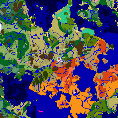 Predicted biome map of Java 1.21.4 seed -5990588345693266104 around estimated spawn