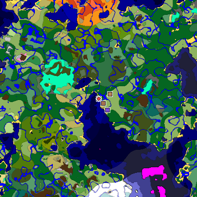 Predicted biome map of Java 1.21.4 seed -2139243800795243312 around estimated spawn