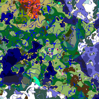 Predicted biome map of Java 1.21.4 seed 6001431759921730553 around estimated spawn