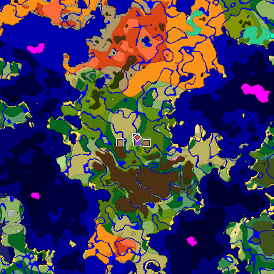 Predicted biome map of Java 1.21.4 seed -7433846161380559147 around estimated spawn