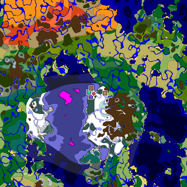 Predicted biome map of Java 1.21.4 seed 128444291458427392 around estimated spawn