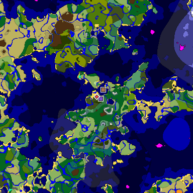 Predicted biome map of Java 1.21.4 seed -5676761275312721410 around estimated spawn
