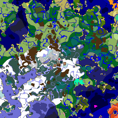 Predicted biome map of Java 1.21.4 seed 3369909042360531450 around estimated spawn