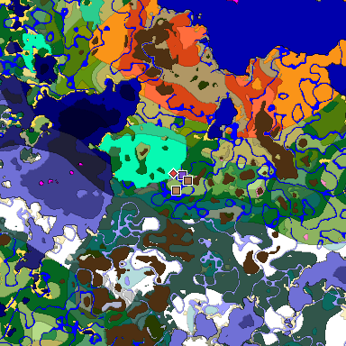 Predicted biome map of Java 1.21.4 seed -7211311905459185841 around estimated spawn