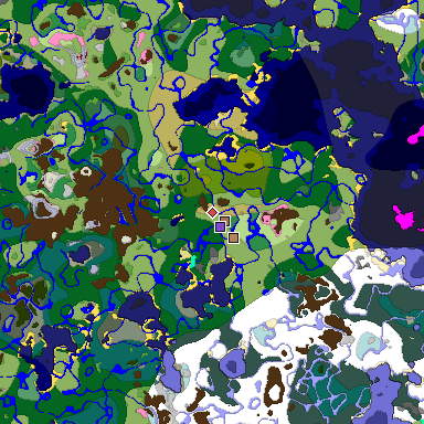 Predicted biome map of Java 1.21.4 seed -7753062014722558773 around estimated spawn