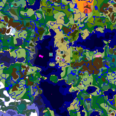 Predicted biome map of Java 1.21.4 seed -8573047974475300417 around estimated spawn
