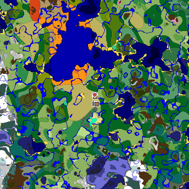 Predicted biome map of Java 1.21.4 seed -1121754230699201309 around estimated spawn