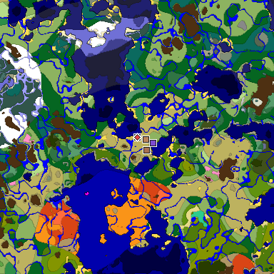 Predicted biome map of Java 1.21.4 seed 7049037455925746247 around estimated spawn