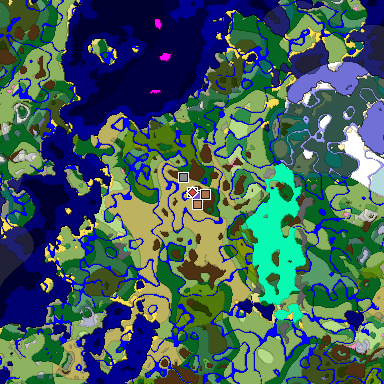 Predicted biome map of Java 1.21.4 seed 8971559953394127790 around estimated spawn