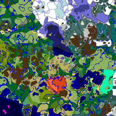 Predicted biome map of Java 1.21.4 seed 9121762507275444094 around estimated spawn