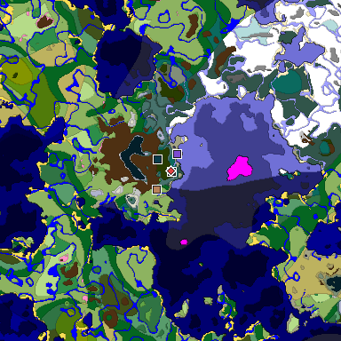 Predicted biome map of Java 1.21.4 seed 571859237711822106 around estimated spawn