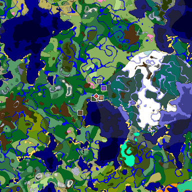 Predicted biome map of Java 1.21.4 seed -4265486302758025013 around estimated spawn