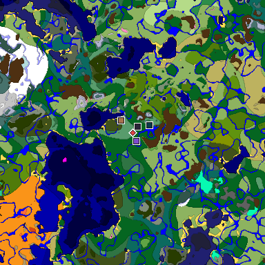 Predicted biome map of Java 1.21.4 seed 3141722265935790194 around estimated spawn