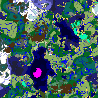Predicted biome map of Java 1.21.4 seed 5832999303769039333 around estimated spawn