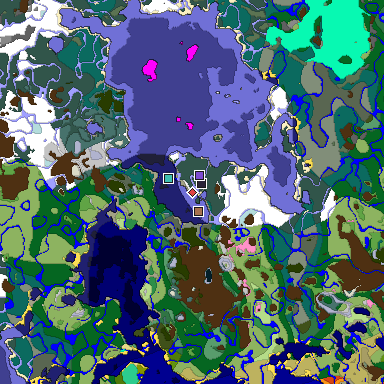 Predicted biome map of Java 1.21.4 seed 2976250160229484772 around estimated spawn