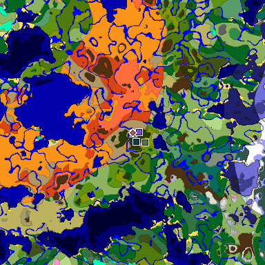 Predicted biome map of Java 1.21.4 seed -3949605915616952147 around estimated spawn